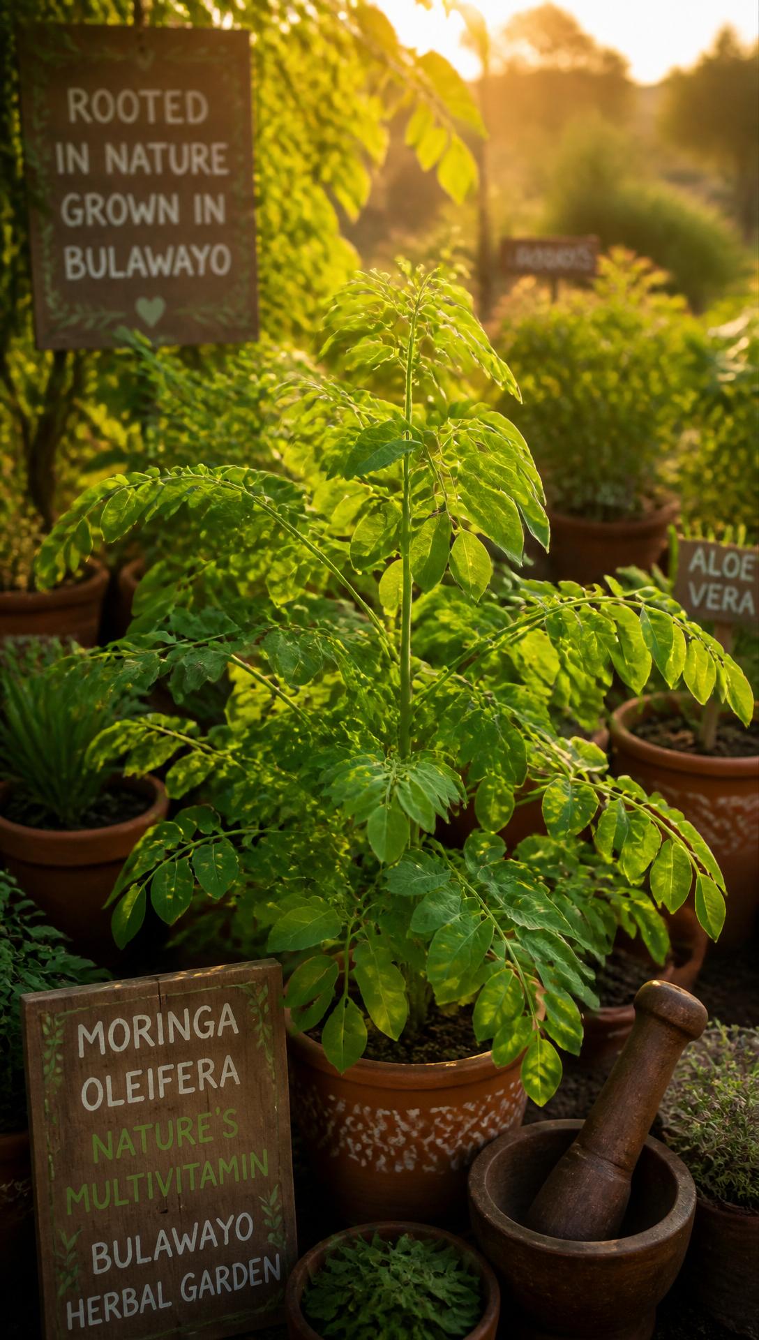 A lush green herbal garden in Bulawayo with terracotta pots and moringa leaves