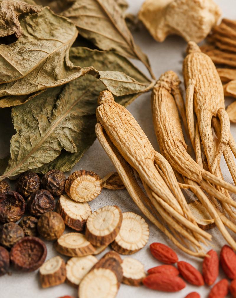 Detailed macro shot of dried leaves and herbal roots