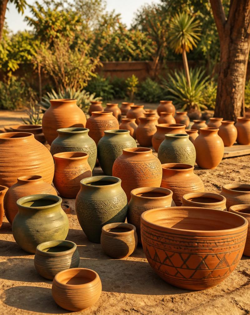 Clay pots drying in the sun in an African garden