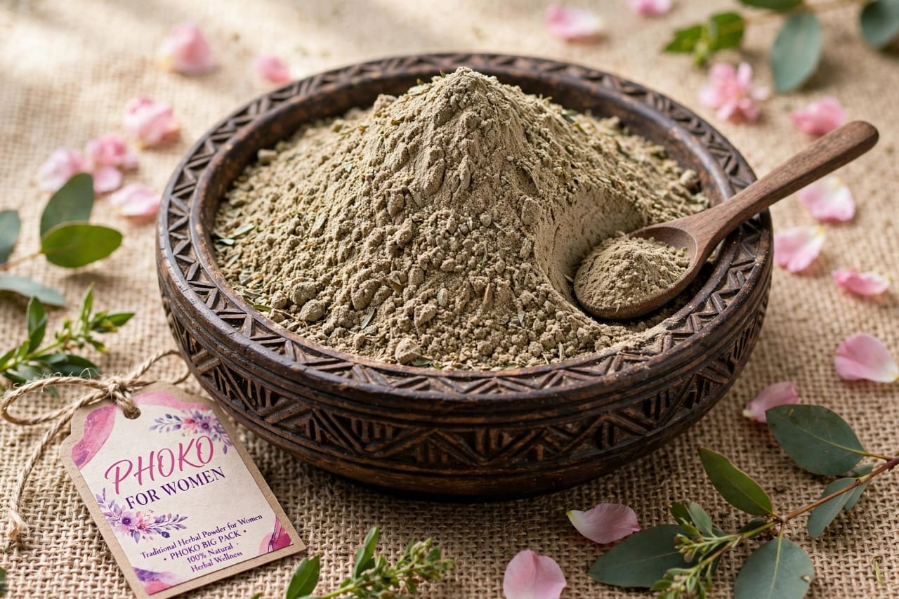 Carved wooden bowl of finely ground herbal powder with a wooden scoop and scattered petals