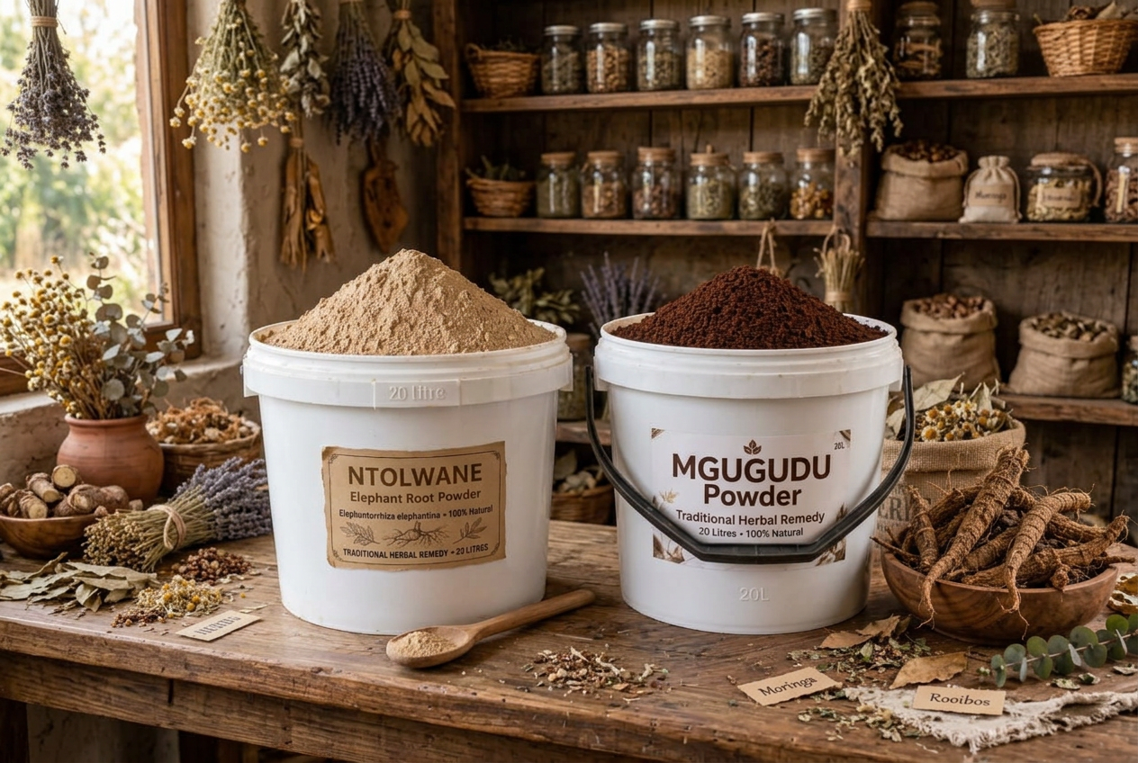 Kwamvelo Herbals wholesale 20-litre buckets of Ntolwane and Mgugudu powders