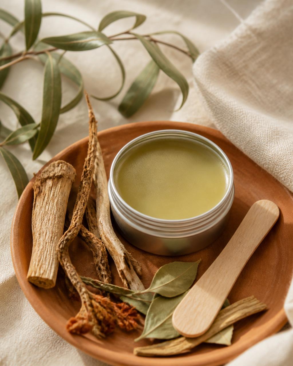 Small tin of herbal muscle rub with dried roots and a wooden spatula
